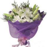 百合花:22支粉玫瑰，绿叶丰满，卷边纸圆形包装，绵纸丝带。