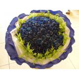 鲜花:蓝色妖姬99枝，幸福草外围，纱网及卷边纸高档包装（此花需提前预定，并限送各大城市）