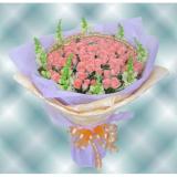 鲜花:粉玫瑰99枝，金鱼草或绿叶，手柔纸高档包装