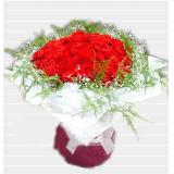 鲜花:100枝红色康乃馨花束，满天星、绿叶围绕，手揉纸高档包装