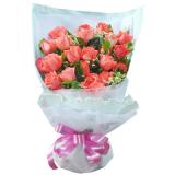 鲜花:11支粉色玫瑰黄莺1小熊英文报纸圆形包装