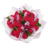 鲜花:19枝红玫瑰，米兰，满天星。粉色棉纸，红色、白色卷边纸圆形包装。