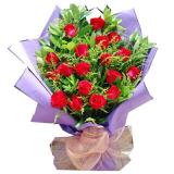 定安东里鲜花鲜花:红色玫瑰19枝,幸福草搭配，绿叶间插,淡紫色皱纹纸单面包装