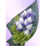 鲜花:12枝粉玫瑰+紫色勿忘我+绿叶+绿色皱纹纸圆形包装+粉色丝带