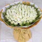 99支白玫瑰:24枝彩玫瑰，满天星外围一圈，卷边纸包装，内衬白纱 