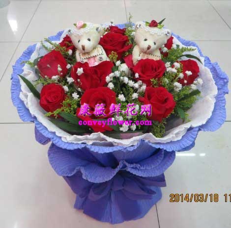 11支红玫瑰+两个小熊-康薇鲜花网