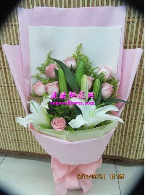 11支粉玫瑰，2支多头白色百合，扇形包装！北京送花
